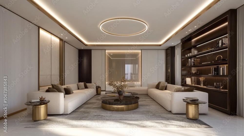 Fototapeta premium Modern Living Room with White Couches and Gold Accents