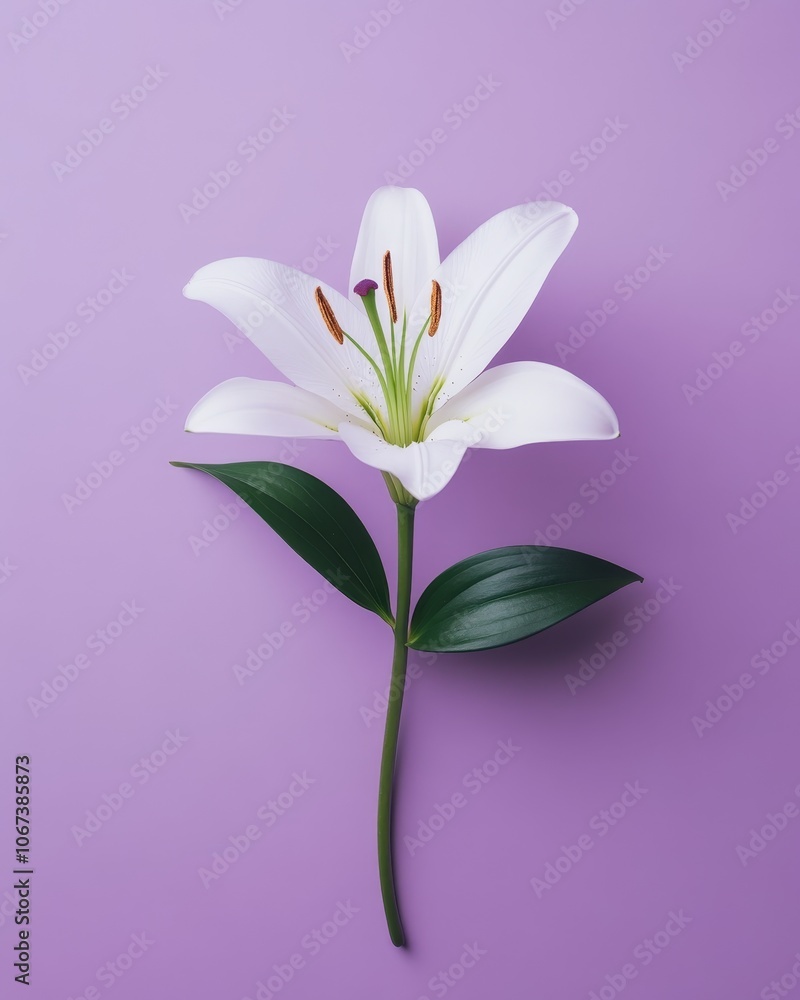 Elegant white lily blooms gracefully against a soft purple background to enhance your floral aesthetic Elegant white lily blooms gracefully against a soft purple background to enhance your floral aesthetic
