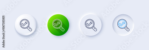 Chart line icon. Neumorphic, Green gradient, 3d pin buttons. Report graph or Sales growth sign in Magnifying glass. Analysis and Statistics data symbol. Line icons. Vector