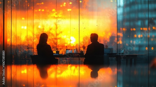 Silhouettes of a man and woman sit at a table in front of a window with a sunset reflecting off the glass.