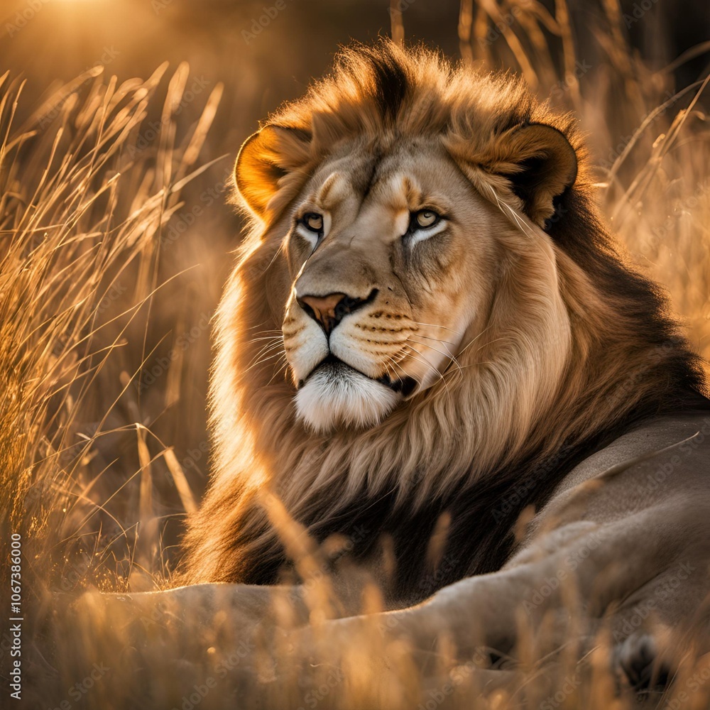 Fototapeta premium A majestic lion lying in the tall grass, basking in the warm sunlight.