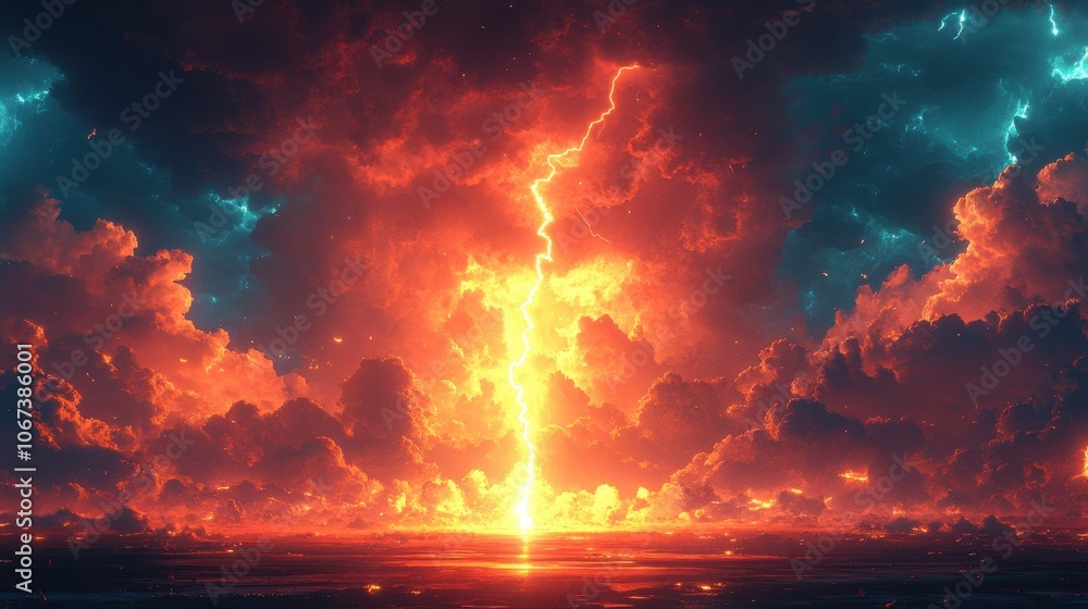 A powerful lightning strike illuminates a fiery sky, with dramatic clouds creating a mesmerizing scene. A powerful lightning strike illuminates a fiery sky, with dramatic clouds creating a mesmerizing scene.