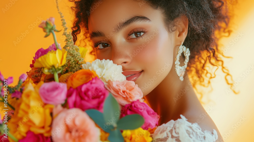 Fototapeta premium Bride with vibrant bouquet: floral elegance for wedding designs and celebrations