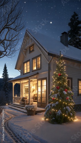 Cottage with Christmas tree at night