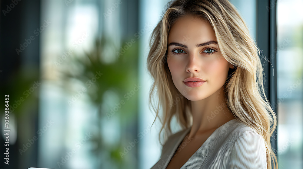 A blonde woman with long hair is standing in front of a window A blonde woman with long hair is standing in front of a window