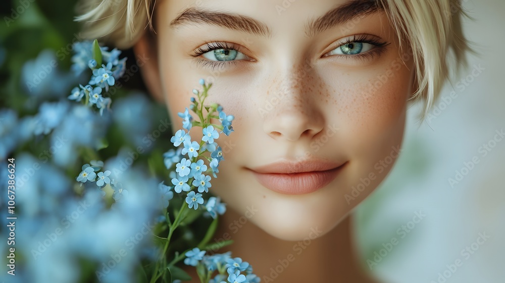 Photography of a woman cradling a bouquet of blue forget-me-nots, her face close to the flowers, smiling softly, evoking a nostalgic moment, 4k resolution, Plain background, cinematic scene Photography of a woman cradling a bouquet of blue forget-me-nots, her face close to the flowers, smiling softly, evoking a nostalgic moment, 4k resolution, Plain background, cinematic scene
