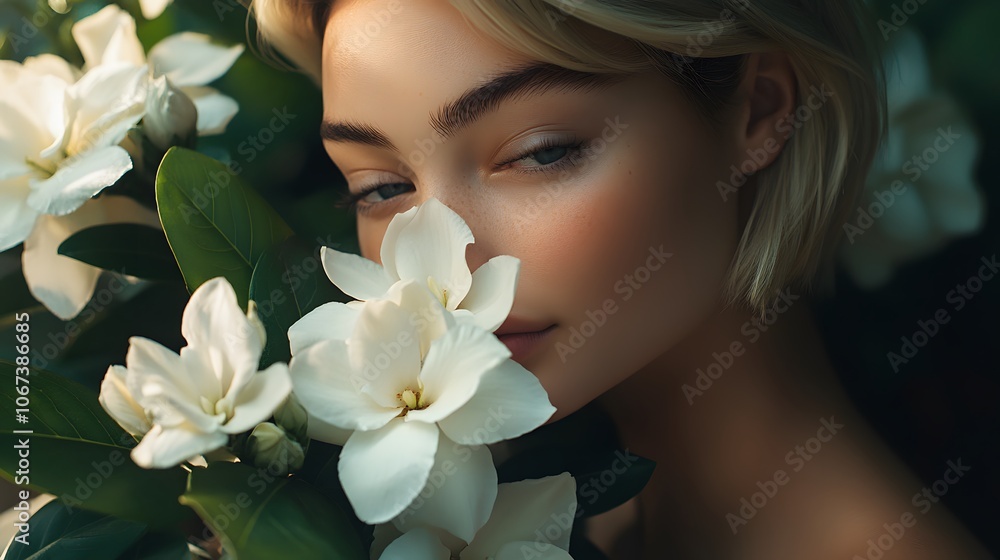 Photography of a woman cradling a bunch of white gardenias, her face close to the fragrant flowers, her expression calm and serene, 4k resolution, Plain background, cinematic scene