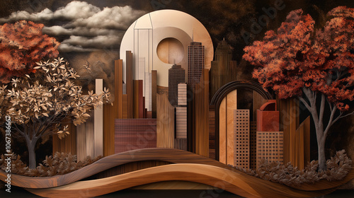 Fan art composition featuring a cityscape made with rich velvet hues and patterned wood veneer, creating an urban aesthetic