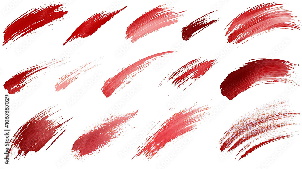 Collection of red brush strokes in various shapes and textures, each isolated on a white background, showcasing both smooth and rough textures, capturing a vibrant, artistic style in a bold color. Collection of red brush strokes in various shapes and textures, each isolated on a white background, showcasing both smooth and rough textures, capturing a vibrant, artistic style in a bold color.
