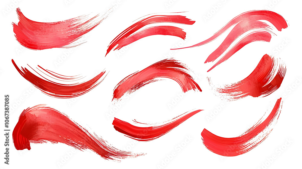 Collection of red brush strokes in various shapes and textures, each isolated on a white background, showcasing both smooth and rough textures, capturing a vibrant, artistic style in a bold color. Collection of red brush strokes in various shapes and textures, each isolated on a white background, showcasing both smooth and rough textures, capturing a vibrant, artistic style in a bold color.