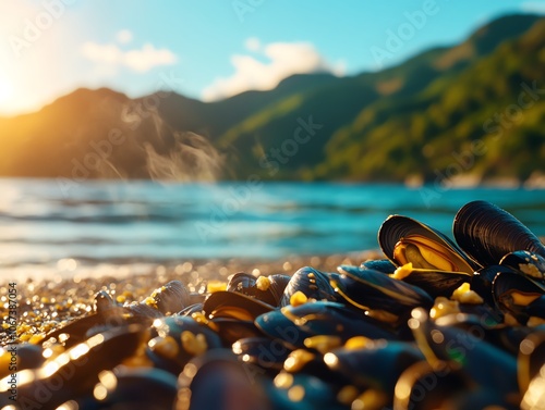 Greenlipped mussels, Marlborough Sounds backdrop photo