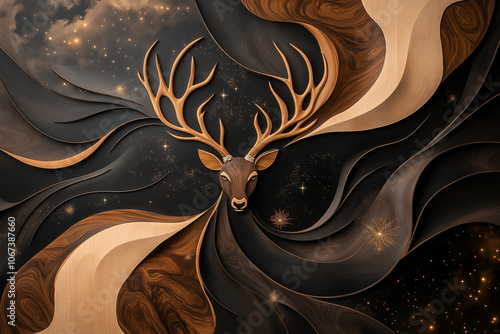  Fan art animal made from rich velvet tones and contrasting wood veneer, showing a majestic creature in a unique style