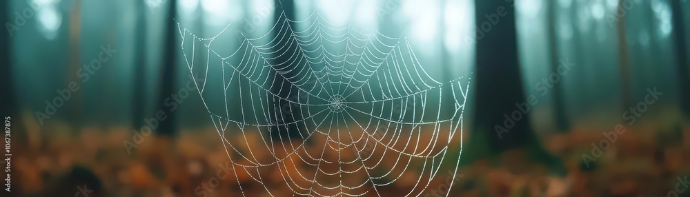 Macro of a spider web with dew drops against a soft, misty forest background, Spider web with misty forest background, Delicate and ethereal Macro of a spider web with dew drops against a soft, misty forest background, Spider web with misty forest background, Delicate and ethereal
