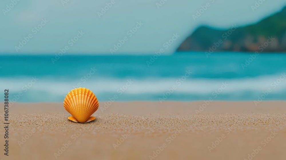 Macro shot of a seashell on the sand with ocean waves blurred in the background, Seashell with ocean background blur, Beachy and serene Macro shot of a seashell on the sand with ocean waves blurred in the background, Seashell with ocean background blur, Beachy and serene