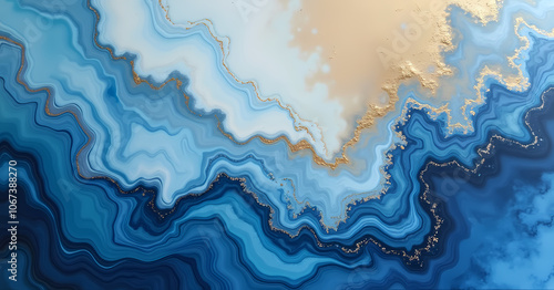 Abstract fluid art featuring elegant waves of blue with gold accents, evoking the feel of ocean tides meeting golden sands.