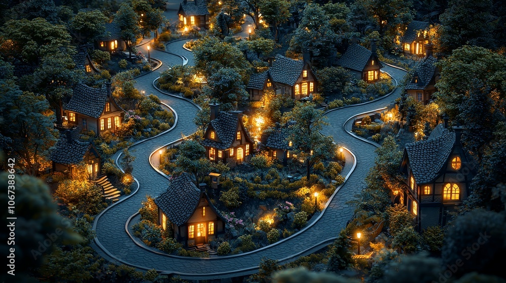 Fototapeta premium Explore the enchanting charm of a twinkling village nestled among lush trees at dusk