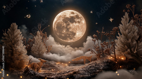 Fan art mystical moonlit forest with velvet trees and wood veneer animals, evoking a mysterious night atmosphere photo