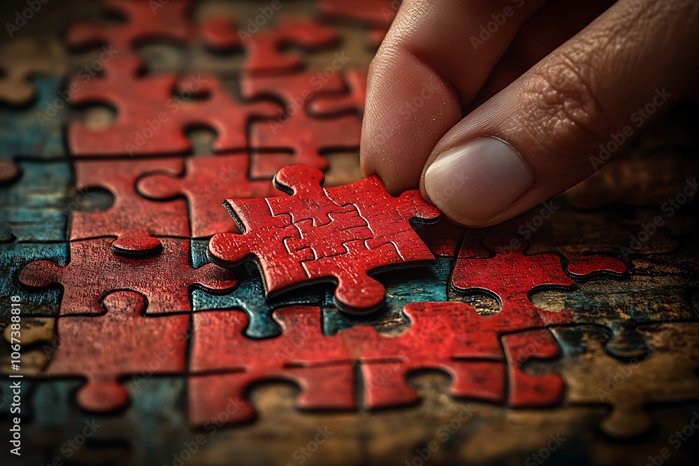 Hand placing the last piece of a red jigsaw puzzle Hand placing the last piece of a red jigsaw puzzle