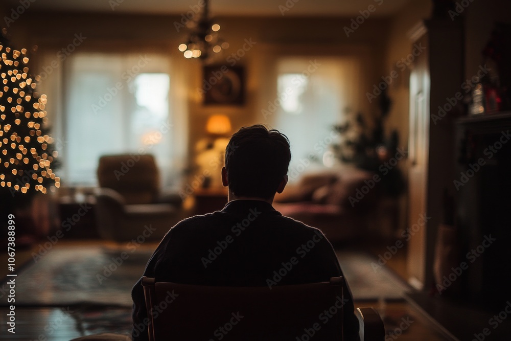 A person in contemplation sits quietly. The warm glow of holiday lights creates a serene atmosphere. Moments of reflection are present. Generative AI A person in contemplation sits quietly. The warm glow of holiday lights creates a serene atmosphere. Moments of reflection are present. Generative AI