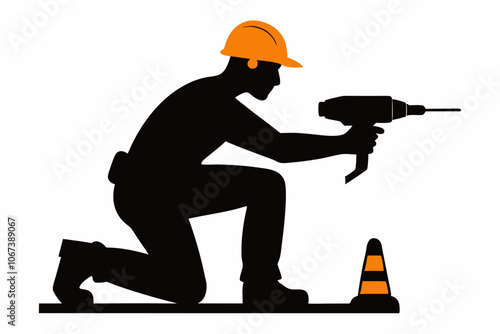 Construction worker silhouette, power drill, Silhouette of construction worker male vector illustration.