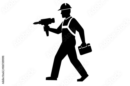 Construction worker silhouette, power drill, Silhouette of construction worker male vector illustration.