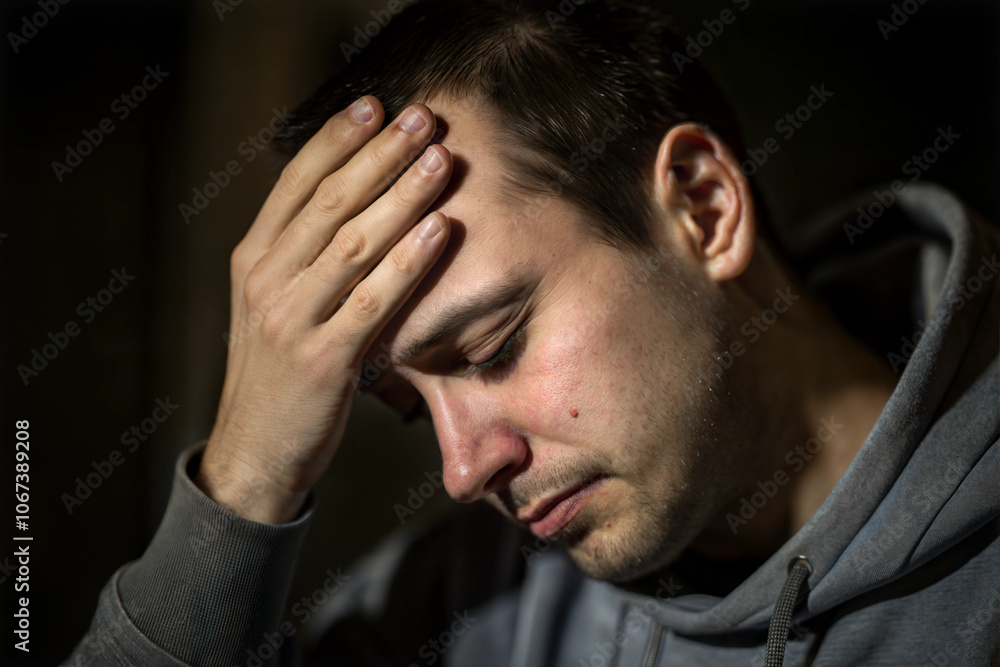 A contemplative moment: A man's hand pressed to his forehead in dim light, reflecting deep thoughts and emotions A contemplative moment: A man's hand pressed to his forehead in dim light, reflecting deep thoughts and emotions