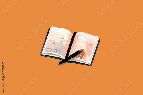 A vector illustration of a travel journal with open pages, showing a minimalist design with space for text, photos, and sketches.