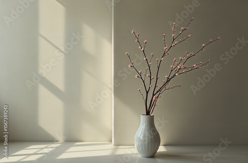 A simple white vase holds slender branches adorned with soft pink blossoms, positioned thoughtfully in a sunlit room, creating a serene spring atmosphere