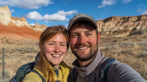 A joyful couple takes a selfie in a scenic desert landscape with colorful rock formations.