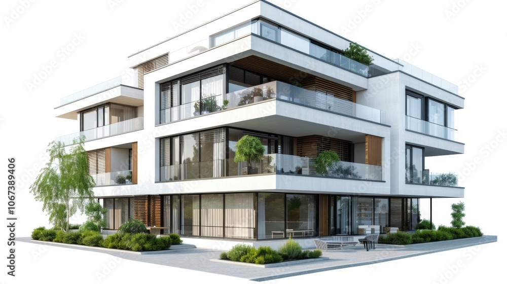 Modern Apartment Building with Balconies and Glass Windows Modern Apartment Building with Balconies and Glass Windows