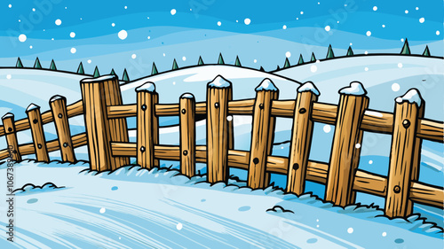 Hand-Drawn Sketch of Snow-Covered Wooden Fence Leading into a Snowy Field, Scratchboard Imitation Art Style