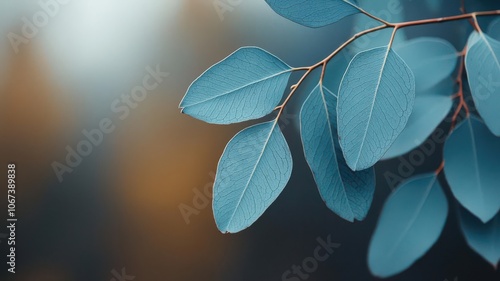 Macro shot of eucalyptus leaves with a misty background, focusing on soft edges, Eucalyptus leaves with misty background, Fresh and soothing