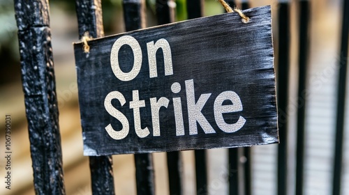 Workers on Strike: A Factory Gates Shutdown, Highlighting the Economic Impact of Labor Disputes.Concept of labor dispute, industrial action, economic impact, supply chain disruption, unemployment.