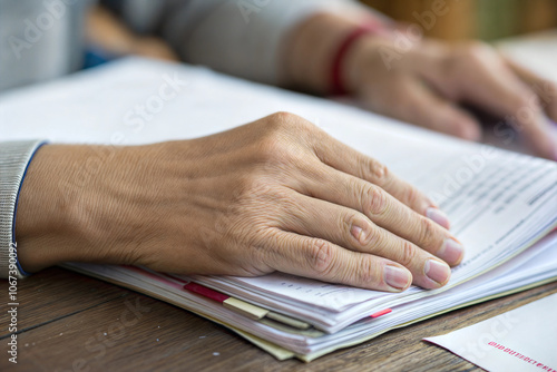 A contemplative moment with a hand resting gently on a stack of papers during a quiet afternoon at home