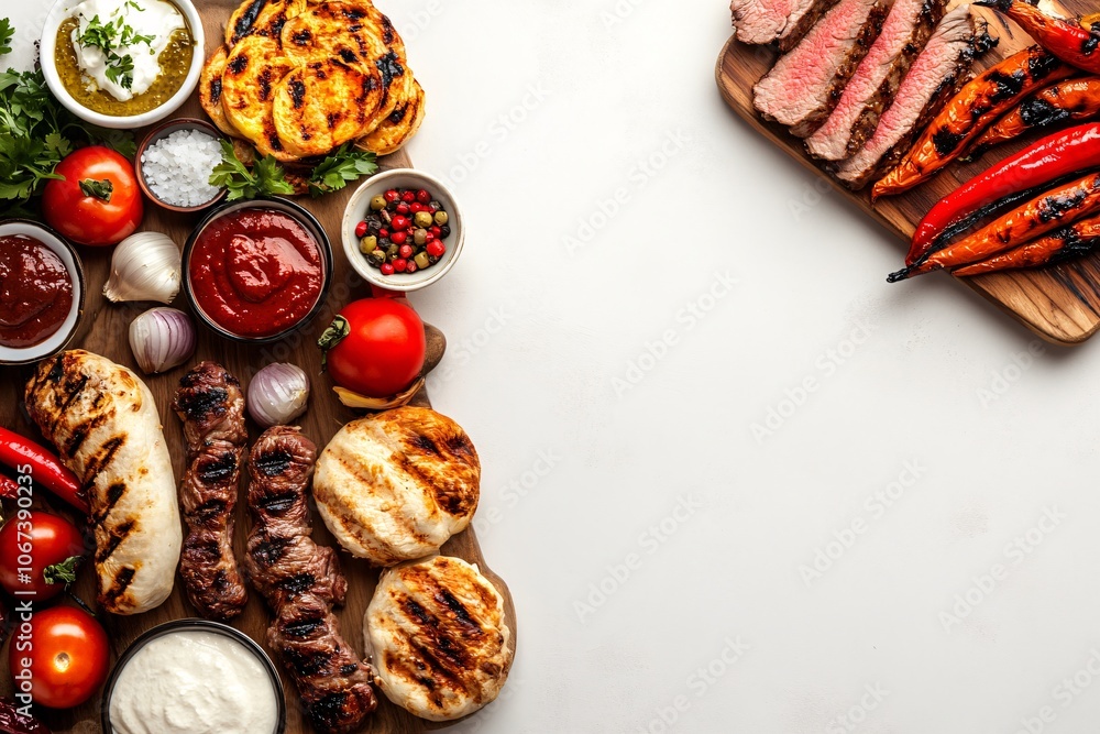 Grilled Food Platter: Delicious BBQ Feast with Grilled Meat, Vegetables, and Bread Grilled Food Platter: Delicious BBQ Feast with Grilled Meat, Vegetables, and Bread
