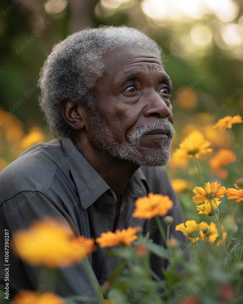 Joyful Black Senior Citizen Engaged in Gardening in a Lush Backyard, Promoting Active Lifestyle and Well-being Joyful Black Senior Citizen Engaged in Gardening in a Lush Backyard, Promoting Active Lifestyle and Well-being