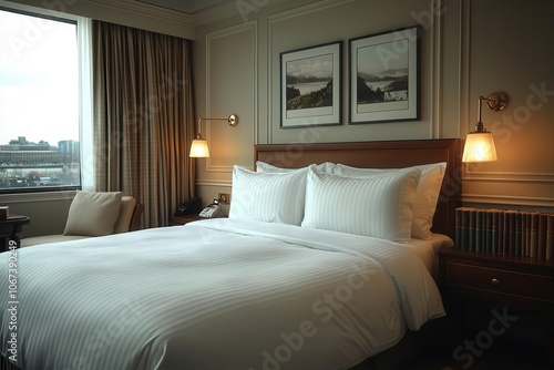 Wallpaper Mural stylish hotel bedroom featuring a plush bed sleek nightstand adorned with books and a blank wall ideal for personal touches soft ambient lighting creates a cozy and inviting atmosphere Torontodigital.ca