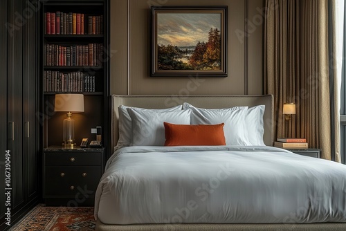 stylish hotel bedroom featuring a plush bed sleek nightstand adorned with books and a blank wall ideal for personal touches soft ambient lighting creates a cozy and inviting atmosphere