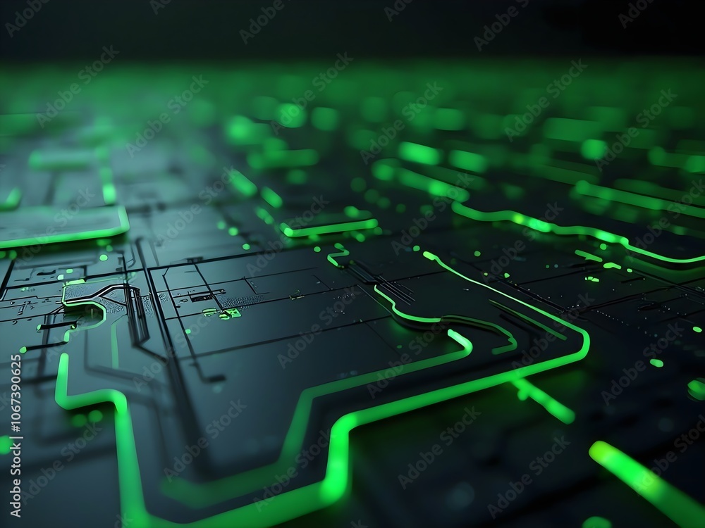 Dark Virtual Studio Shot of Glowing Green and Purple Technology Circuits in a Matrix-Inspired Cyber World Dark Virtual Studio Shot of Glowing Green and Purple Technology Circuits in a Matrix-Inspired Cyber World