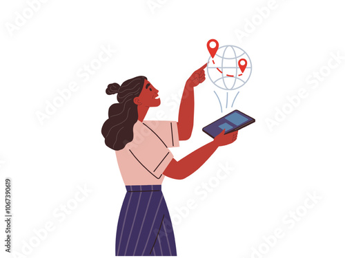 Manager studying destination map with marks. Woman seller works with world map with markers of buyers for worldwide delivery. International global logistics and cargo, postal mail delivery service