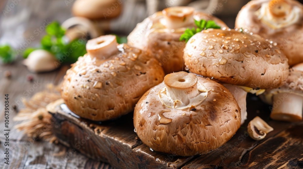 Close-up of fresh mushrooms on rustic wooden background Close-up of fresh mushrooms on rustic wooden background