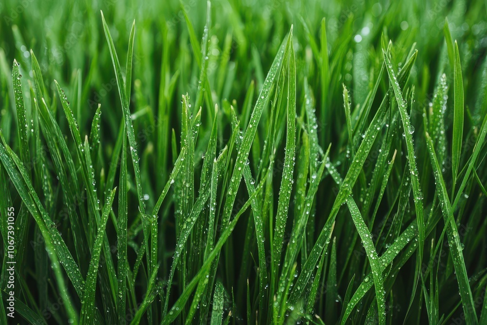 Macro of fresh green grass with morning dew drops, capturing reflections within each droplet, Dew on grass macro close-up, Fresh and vibrant Macro of fresh green grass with morning dew drops, capturing reflections within each droplet, Dew on grass macro close-up, Fresh and vibrant
