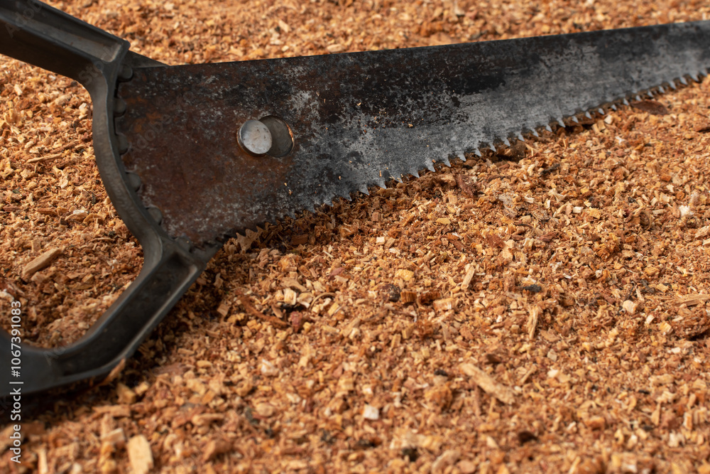 Obraz premium Hand saw blade with sharp teeth on wood shavings. Sawdust with a saw close-up.