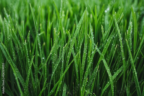 Macro of fresh green grass with morning dew drops, capturing reflections within each droplet, Dew on grass macro close-up, Fresh and vibrant