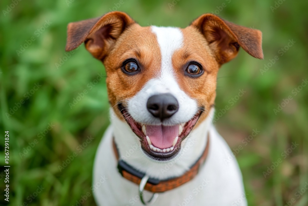 A happy Jack Russell Terrier with a brown leather collar, smiling with its mouth open and tongue out, looking directly at the camera. The dog is in a grassy field, enjoying the outdoors. A happy Jack Russell Terrier with a brown leather collar, smiling with its mouth open and tongue out, looking directly at the camera. The dog is in a grassy field, enjoying the outdoors.