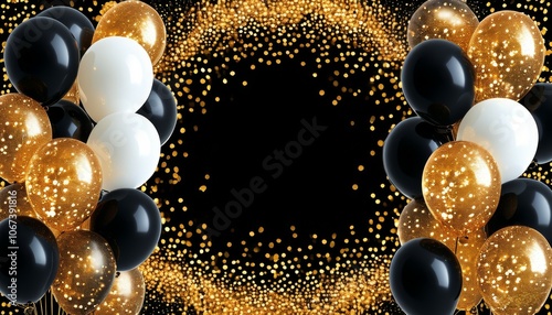gold and black balloons on a string on a festive sparkling background, festive background, romantic for birthday greetings, holiday greeting card