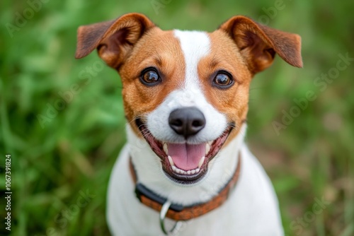 A happy Jack Russell Terrier with a brown leather collar, smiling with its mouth open and tongue out, looking directly at the camera. The dog is in a grassy field, enjoying the outdoors.