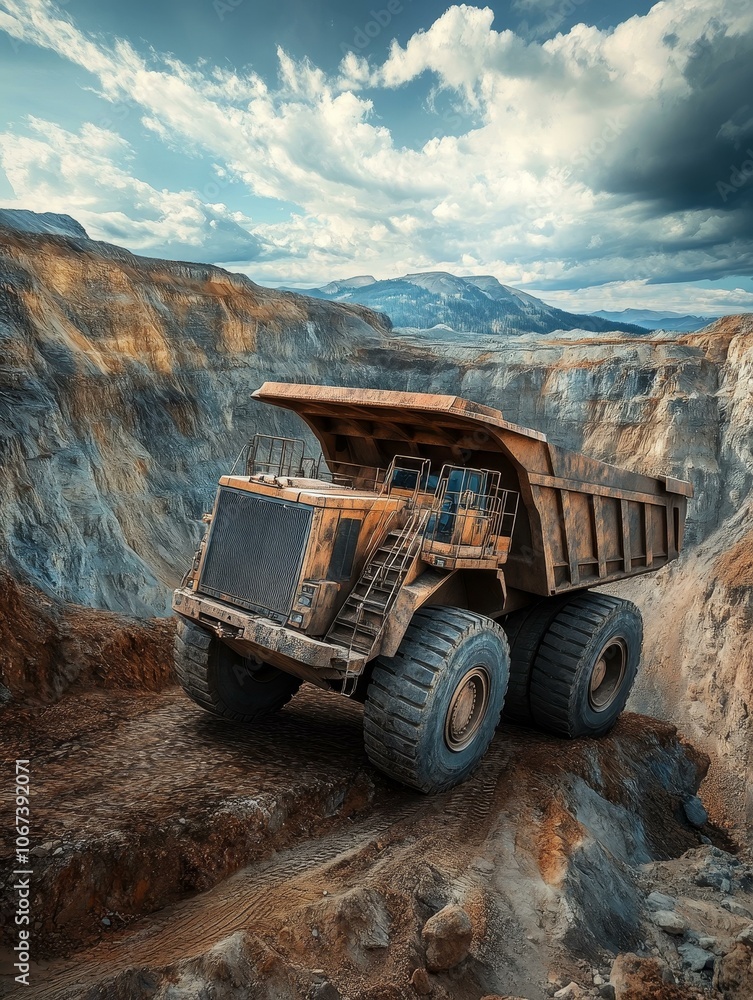 Obraz premium A heavy duty dump truck transports soil in a mining site. The truck is driving up a steep hill, and the landscape is rugged and dusty. The truck is a symbol of industry, hard work, and the power of ma
