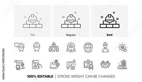 Teamwork, Technical documentation and Peopl. Engineering line icons set. Blueprint with gear, engineer and construction helmet set icons. Technician, industrial people, engineering process. Vector