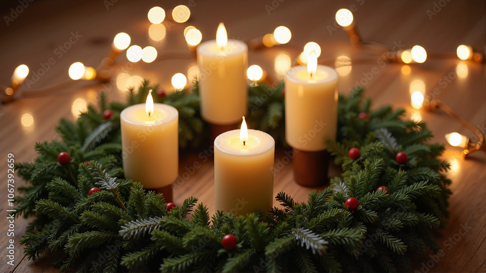 Advent wreath with cream candles and festive lights Advent wreath with cream candles and festive lights